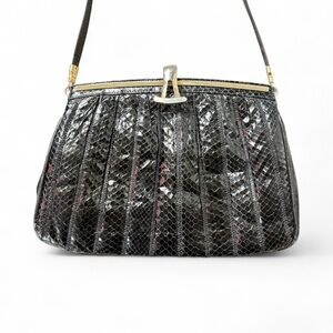 VINTAGE BLACK SNAKE EMBOSSED LEATHER CLUTCH SHOULDER BAG WOMAN